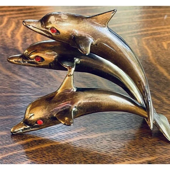 VTG Brass Swimming Jumping Three Dolphins Figurine Sculpture Statue 3.5” Marine - Picture 4 of 11